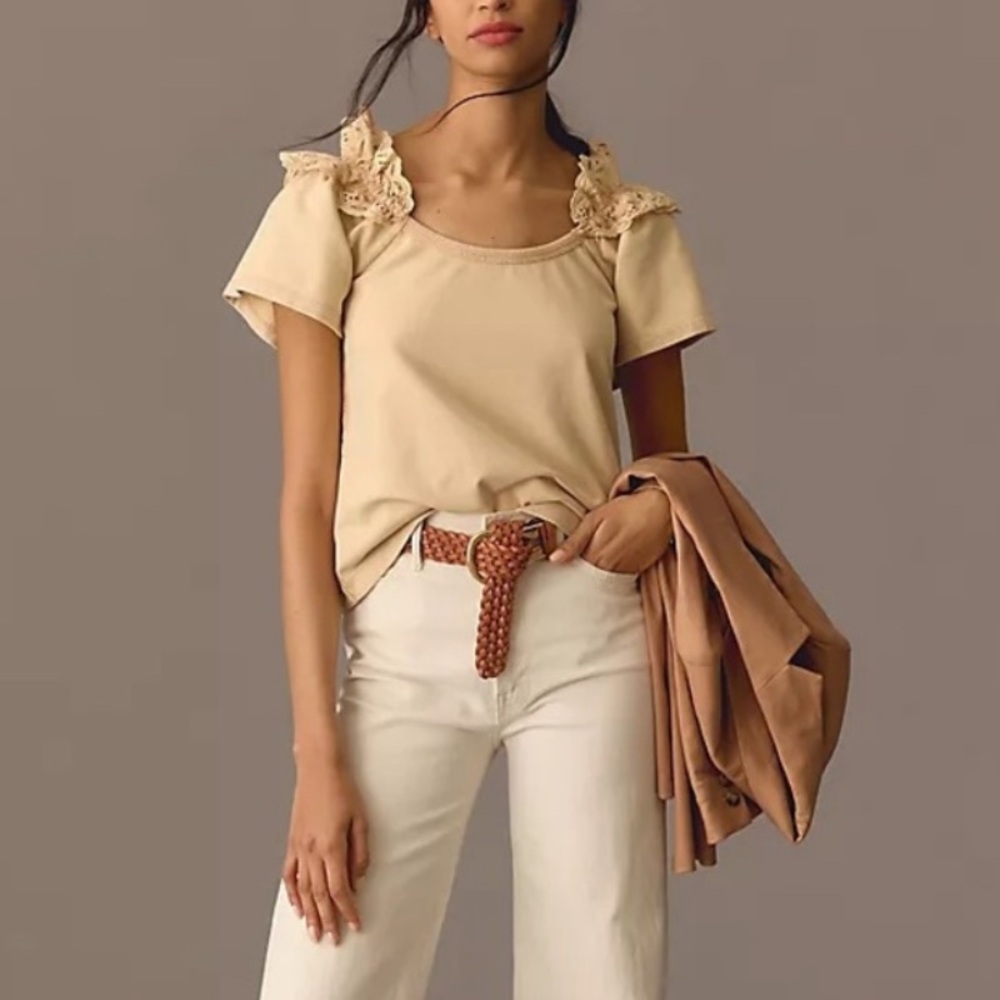 NWOT Anthropologie Lace Trim Beige Short Sleeve Top